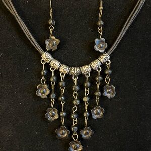 Wood beaded black rose necklace on a black cord with matching earrings 16”